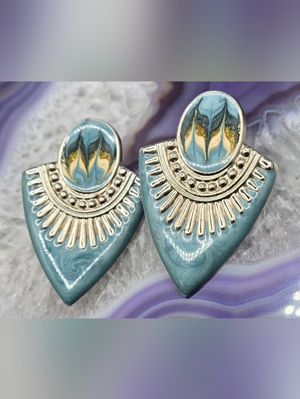 Teal Blue Swirled Enameled Earrings Clip-on 2" X 1¼" Lightweight